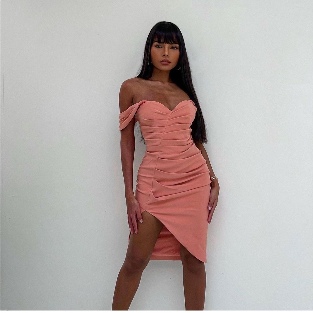 NEW SEASON Stunning Lavish Alice pleated bardot midi dress in coral